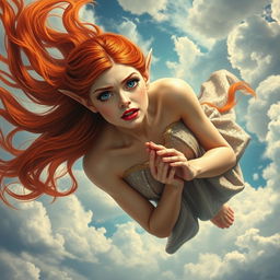 A beautiful redhead elf princess with bright blue eyes and luscious red lips is dramatically falling from the sky