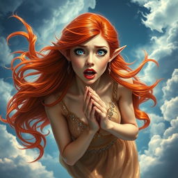 A beautiful redhead elf princess with bright blue eyes and luscious red lips is dramatically falling from the sky