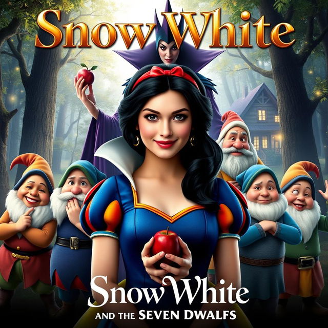 A live-action movie poster for 'Snow White and the Seven Dwarfs', featuring Snow White in the center with black hair, fair skin, and wearing a blue dress adorned with yellow and red accents, showcasing her classic beauty