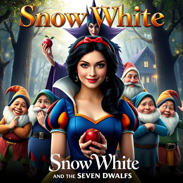 A live-action movie poster for 'Snow White and the Seven Dwarfs', featuring Snow White in the center with black hair, fair skin, and wearing a blue dress adorned with yellow and red accents, showcasing her classic beauty