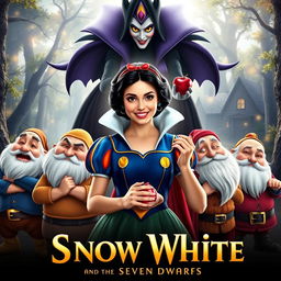 A live-action movie poster for 'Snow White and the Seven Dwarfs', featuring Snow White in the center with black hair, fair skin, and wearing a blue dress adorned with yellow and red accents, showcasing her classic beauty