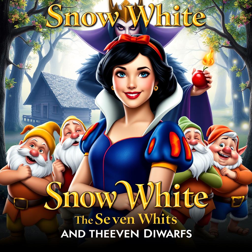 A live-action movie poster for 'Snow White and the Seven Dwarfs', featuring Snow White in the center with black hair, fair skin, and wearing a blue dress adorned with yellow and red accents, showcasing her classic beauty