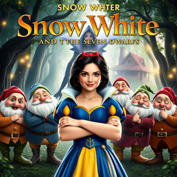 A live-action movie poster for 'Snow White and the Seven Dwarfs', featuring Snow White in the center with black hair, fair skin, and wearing a blue dress adorned with yellow and red accents, showcasing her classic beauty