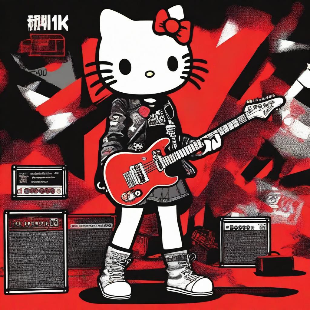 Digital art of Hello Kitty dressed in rock clothes, including a black leather jacket, ripped denim shorts, and black boots