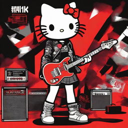 Digital art of Hello Kitty dressed in rock clothes, including a black leather jacket, ripped denim shorts, and black boots