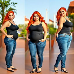 A series of three full-length photos illustrating the weight gain progression of a beautiful, sexy, curvy woman with long flame red hair and bright, vibrant makeup