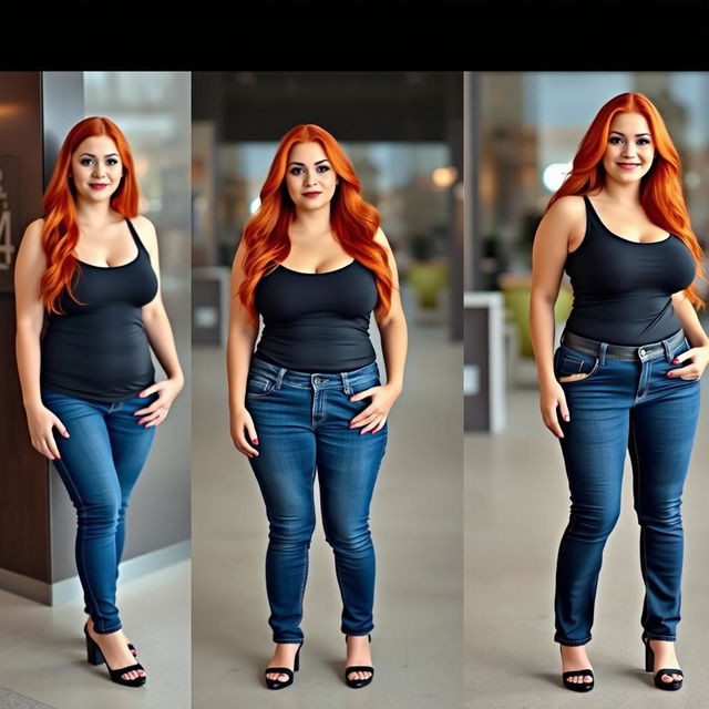 A series of three full-length photos illustrating the weight gain progression of a beautiful, sexy, curvy woman with long flame red hair and bright, vibrant makeup