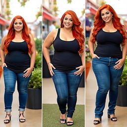A series of three full-length photos illustrating the weight gain progression of a beautiful, sexy, curvy woman with long flame red hair and bright, vibrant makeup