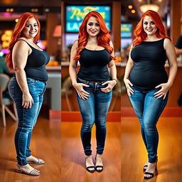 A series of three full-length photos illustrating the weight gain progression of a beautiful, sexy, curvy woman with long flame red hair and bright, vibrant makeup
