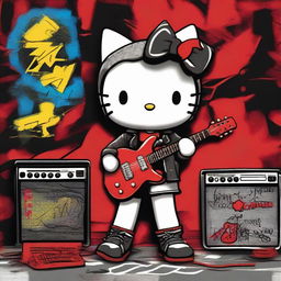 Digital art of Hello Kitty dressed in rock clothes, including a black leather jacket, ripped denim shorts, and black boots