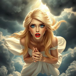 A beautiful blonde princess with sparkling blue eyes and luscious red lips, falling from a cloudy sky