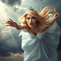 A beautiful blonde princess with sparkling blue eyes and luscious red lips, falling from a cloudy sky