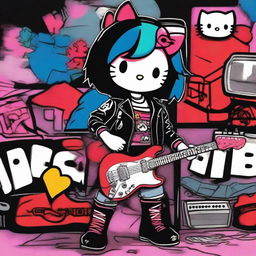 Digital art of Hello Kitty dressed in rock clothes, including a black leather jacket, ripped denim shorts, and black boots