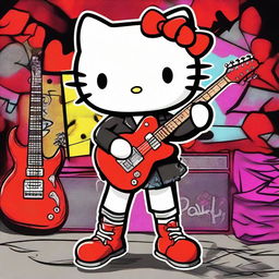 Digital art of Hello Kitty dressed in rock clothes, including a black leather jacket, ripped denim shorts, and black boots