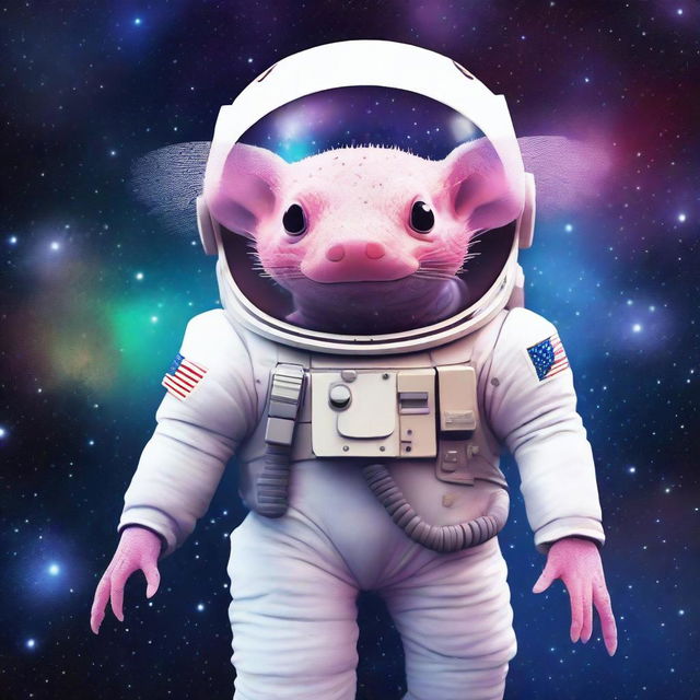 A high-quality digital art image displaying an axolotl in a detailed astronaut suit, floating amidst the vast expanse of space, surrounded by sparkling stars and distant galaxies