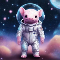 A high-quality digital art image displaying an axolotl in a detailed astronaut suit, floating amidst the vast expanse of space, surrounded by sparkling stars and distant galaxies