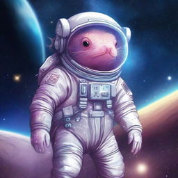 A high-quality digital art image displaying an axolotl in a detailed astronaut suit, floating amidst the vast expanse of space, surrounded by sparkling stars and distant galaxies