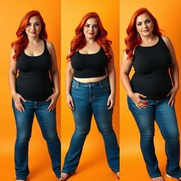 A series of three full-length photos capturing the weight gain progression of a beautiful, sexy, curvy woman with long flame red hair and bright, striking makeup