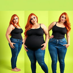 A series of three full-length photos capturing the weight gain progression of a beautiful, sexy, curvy woman with long flame red hair and bright, striking makeup