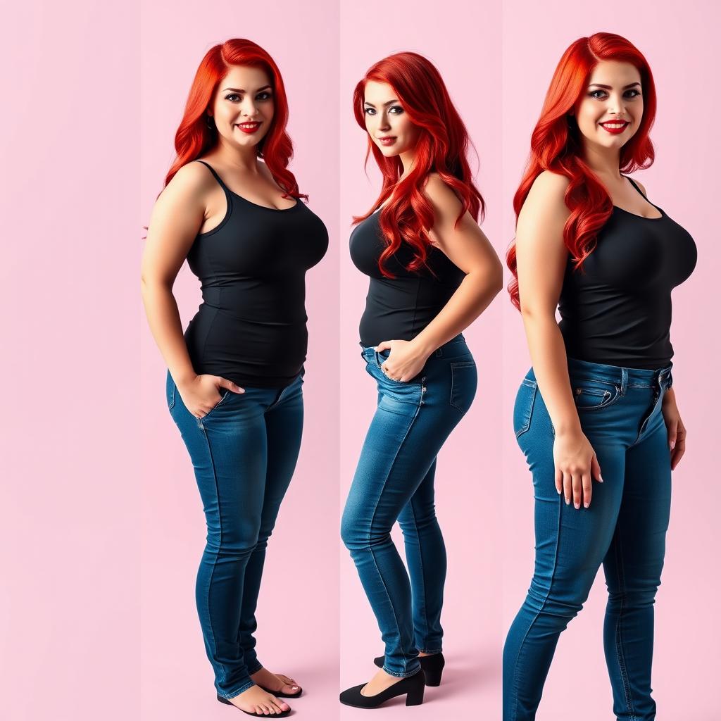 A series of three full-length photos capturing the weight gain progression of a beautiful, sexy, curvy woman with long flame red hair and bright, striking makeup