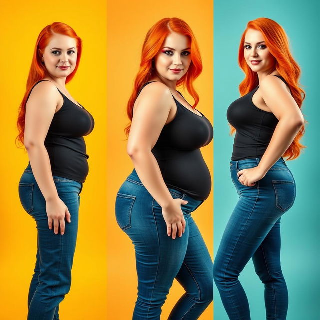 A series of three full-length photos capturing the weight gain progression of a beautiful, sexy, curvy woman with long flame red hair and bright, striking makeup