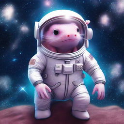 A high-quality digital art image displaying an axolotl in a detailed astronaut suit, floating amidst the vast expanse of space, surrounded by sparkling stars and distant galaxies