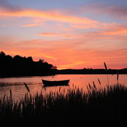 A serene evening scene showcasing a picturesque sunset over a calm lake