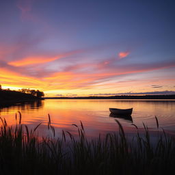 A serene evening scene showcasing a picturesque sunset over a calm lake