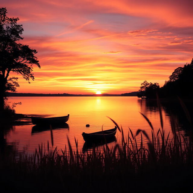 A serene evening scene showcasing a picturesque sunset over a calm lake