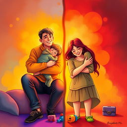 A vibrant and colorful scene illustrating the themes of love, identity, regret, and societal expectations through the lives of Hugh and Sarah, along with their two-year-old son