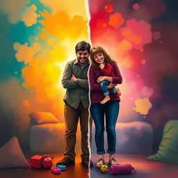 A vibrant and colorful scene illustrating the themes of love, identity, regret, and societal expectations through the lives of Hugh and Sarah, along with their two-year-old son