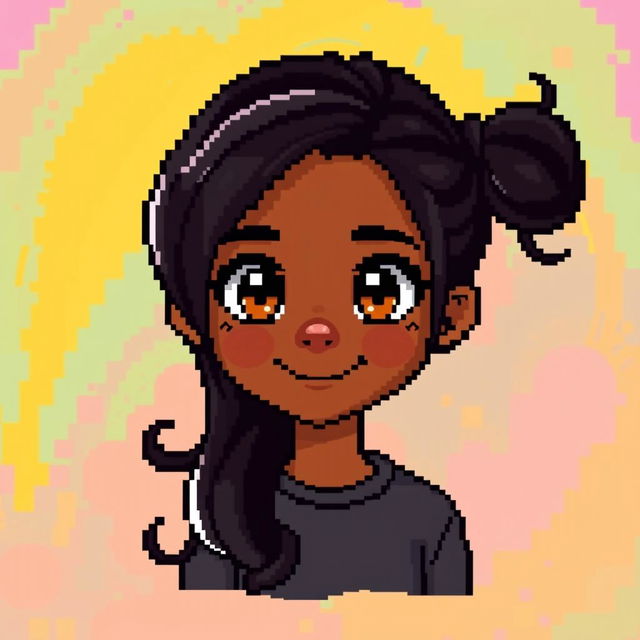 A pixel art representation of a black girl with black hair styled in an adorable ponytail, featuring big, bright brown eyes