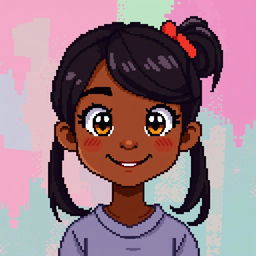 A pixel art representation of a black girl with black hair styled in an adorable ponytail, featuring big, bright brown eyes