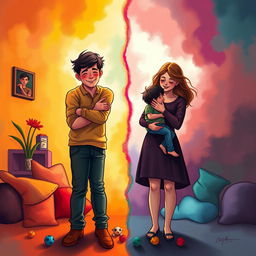 A vibrant and colorful scene illustrating the themes of love, identity, regret, and societal expectations through the lives of Hugh and Sarah, along with their two-year-old son