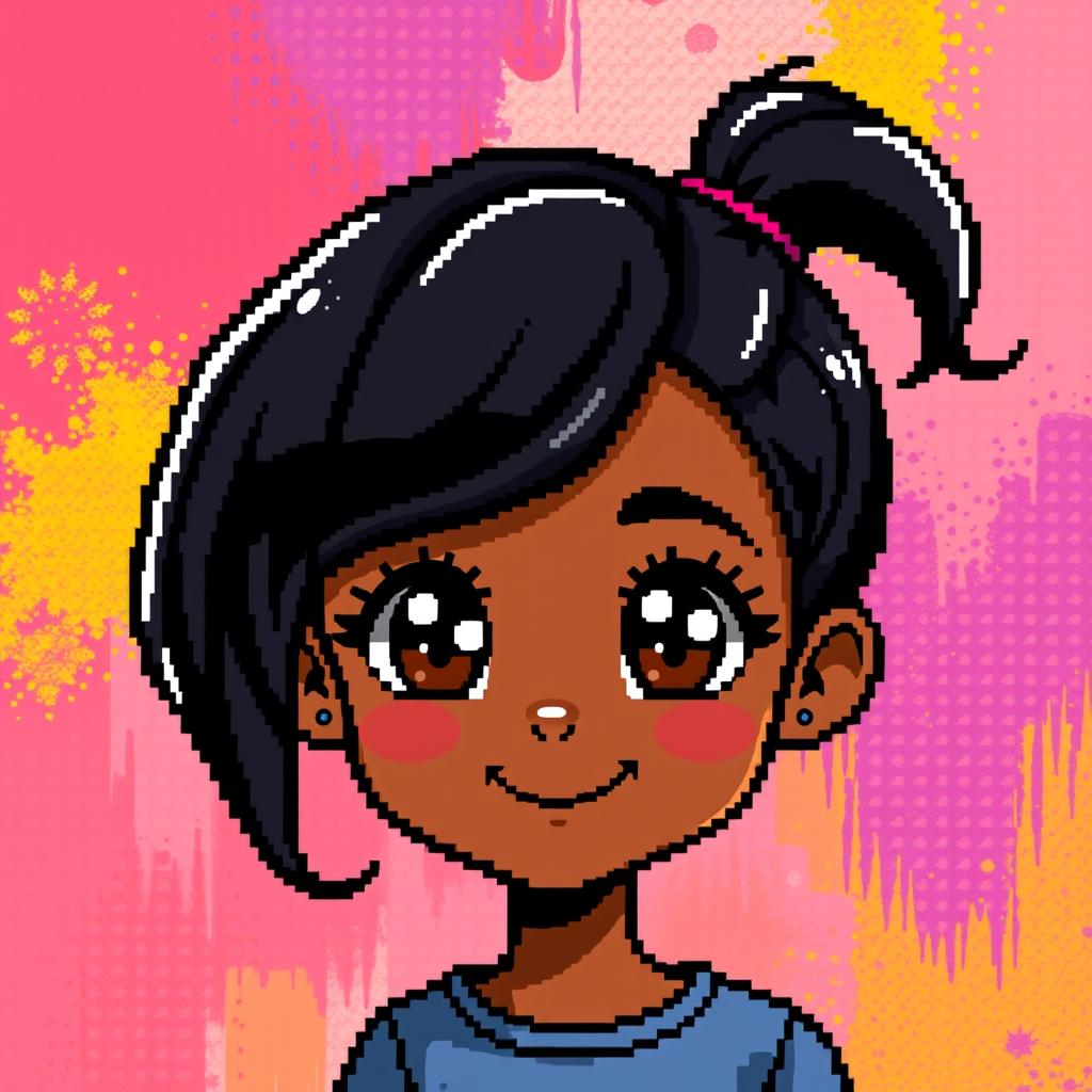 A pixel art representation of a black girl with black hair styled in an adorable ponytail, featuring big, bright brown eyes