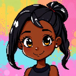 A pixel art representation of a black girl with black hair styled in an adorable ponytail, featuring big, bright brown eyes