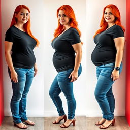 A series of three full-length photos capturing the weight gain progression of a beautiful, sexy, curvy woman with long flame red hair and bright, striking makeup
