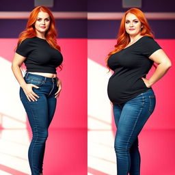 A series of three full-length photos capturing the weight gain progression of a beautiful, sexy, curvy woman with long flame red hair and bright, striking makeup