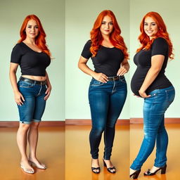 A series of three full-length photos capturing the weight gain progression of a beautiful, sexy, curvy woman with long flame red hair and bright, striking makeup