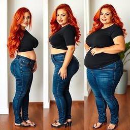 A series of three full-length photos capturing the weight gain progression of a beautiful, sexy, curvy woman with long flame red hair and bright, striking makeup