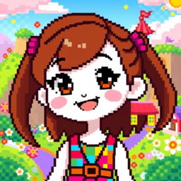 A vibrant pixel art character featuring a girl with brown hair, brown eyes, and white skin