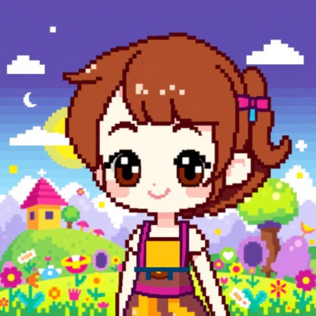 A vibrant pixel art character featuring a girl with brown hair, brown eyes, and white skin