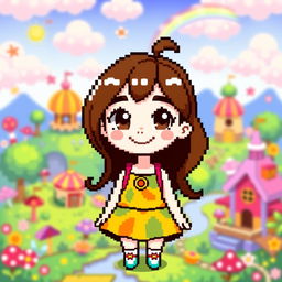 A vibrant pixel art character featuring a girl with brown hair, brown eyes, and white skin