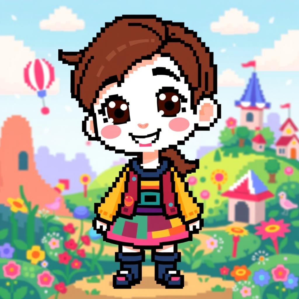 A vibrant pixel art character featuring a girl with brown hair, brown eyes, and white skin