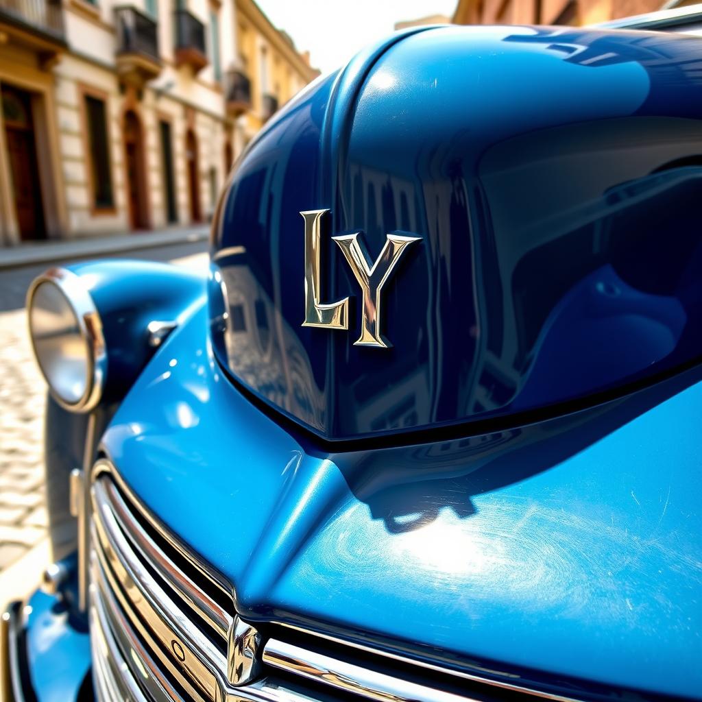 A classic car featuring a unique stylized logo 'LY' prominently displayed on the front grill