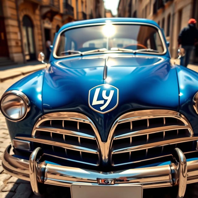 A classic car featuring a unique stylized logo 'LY' prominently displayed on the front grill