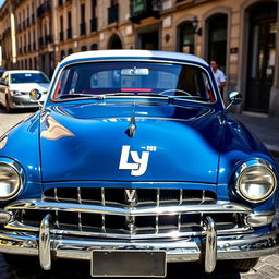 A classic car featuring a unique stylized logo 'LY' prominently displayed on the front grill