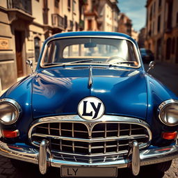A classic car featuring a unique stylized logo 'LY' prominently displayed on the front grill
