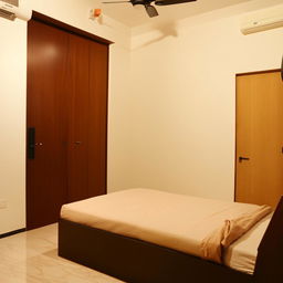 A spacious room measuring 30 feet by 12 feet, containing a comfortable queen size bed, a well-organized study table, and a large sleek wardrobe, arranged optimally for functionality and aesthetics.