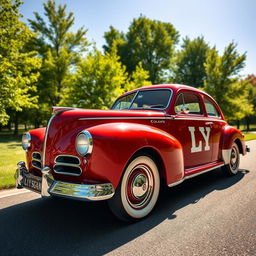 A fully detailed classic car showcasing the entire vehicle with a prominent flat 'LY' logo displayed on its side
